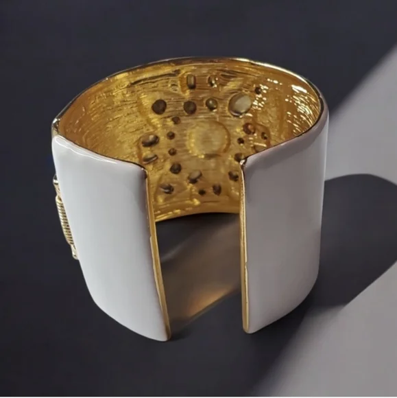 Luxury 18k Gold Plated Maltese Cross Jeweled Enamel Cuff Bracelet - Picture 4 of 5